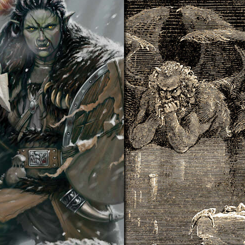 A square featuring the illustrated cover artworks from two volumes. The first is an orc warrior in a snowy landscape. The second is a sketch of a winged devil.
