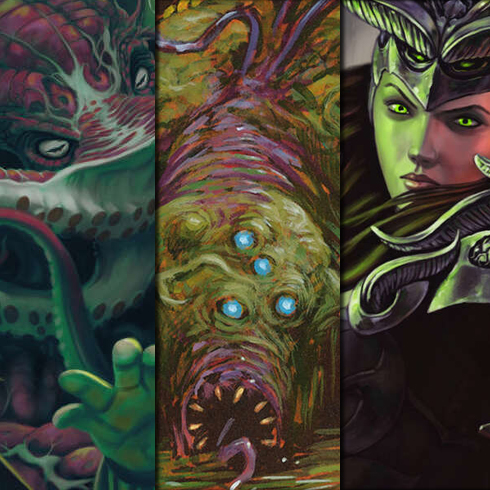 A square featuring the illustrated cover artworks from the Pretty Little Liches series. They include an angry Illithid face, a green, many-eyed plant monster, and a woman with striking green eyes in heavy armor.