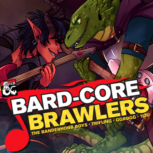 A square featuring the illustrated cover art from Bard-Core Brawlers. A tiefling bassist faces off against a dragonborn guitarist in front of a crowd.