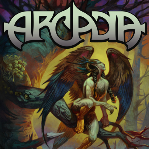 The Arcadia logo on top of a colorful illustration of a harpy in a forest.